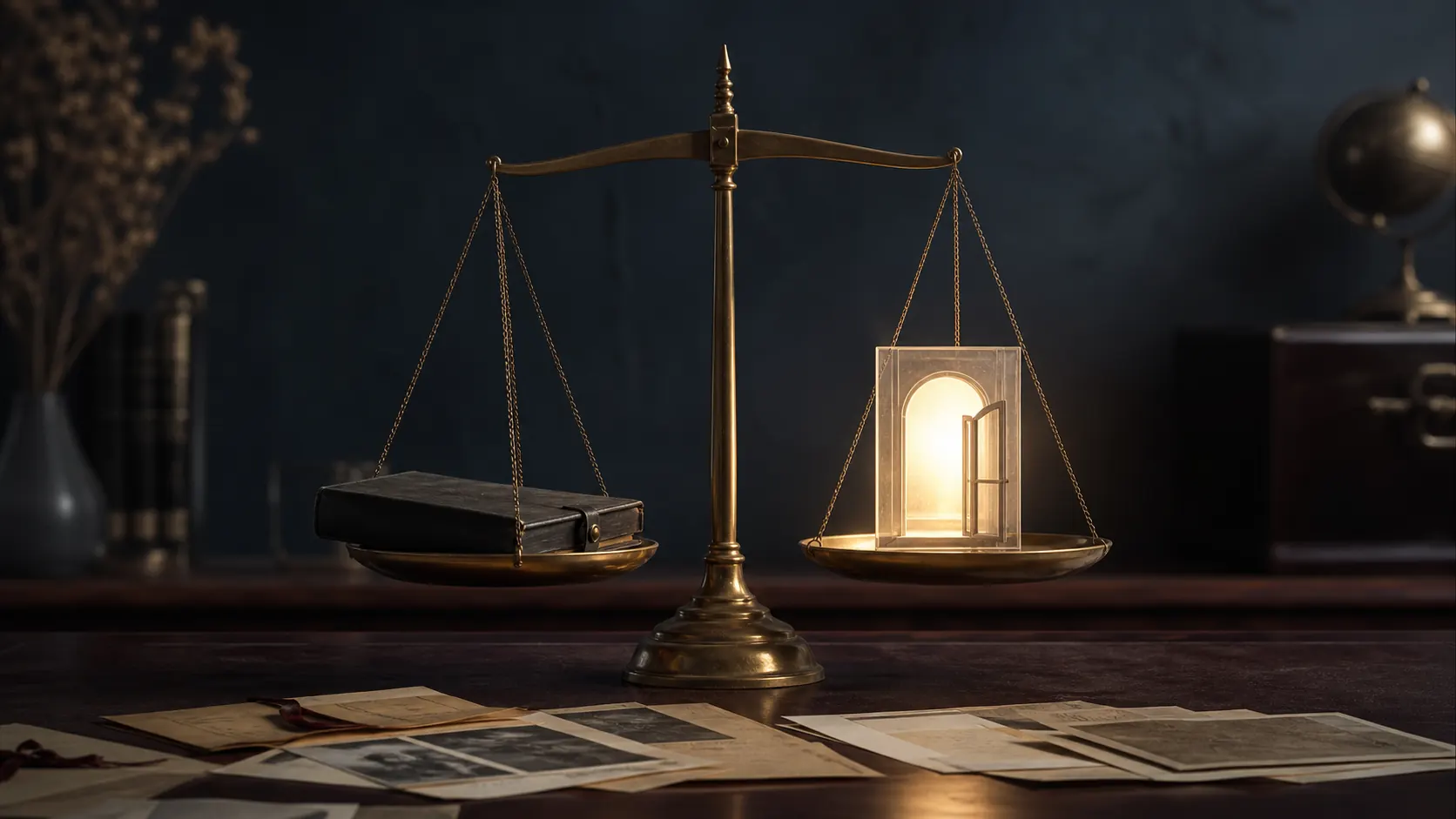 A brass balance weighing a dark case file against a translucent doorway filled with light