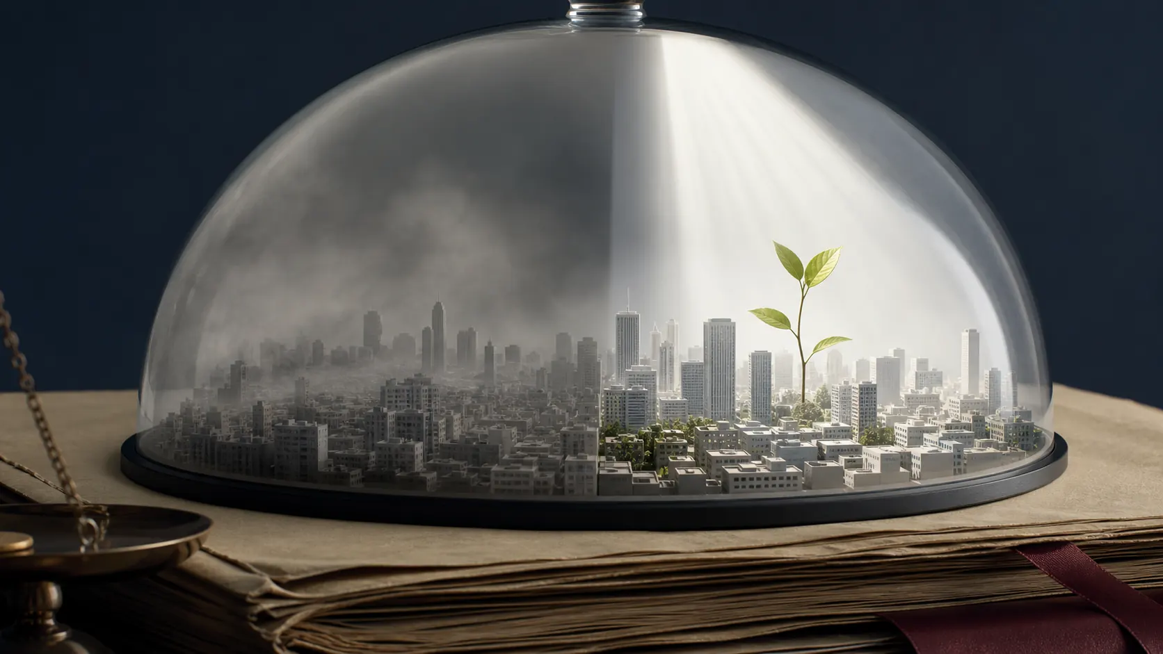A model city under glass divided between dense smog and clean light with a living green shoot