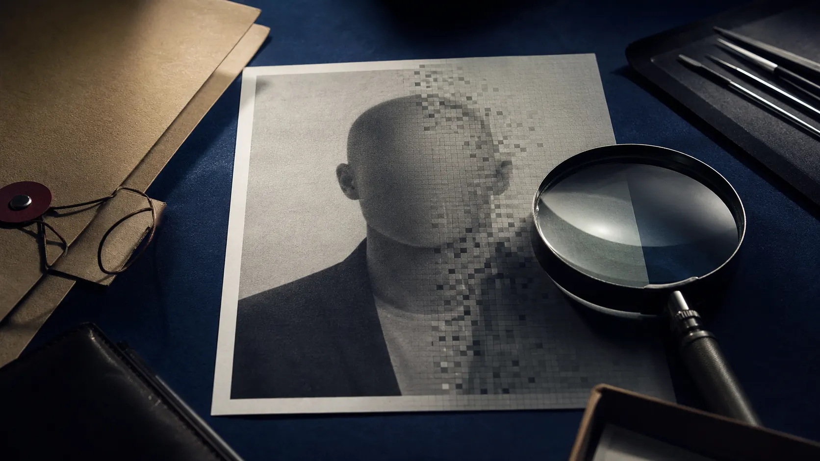 An anonymous archival portrait dissolving into pixels beside a forensic magnifying glass