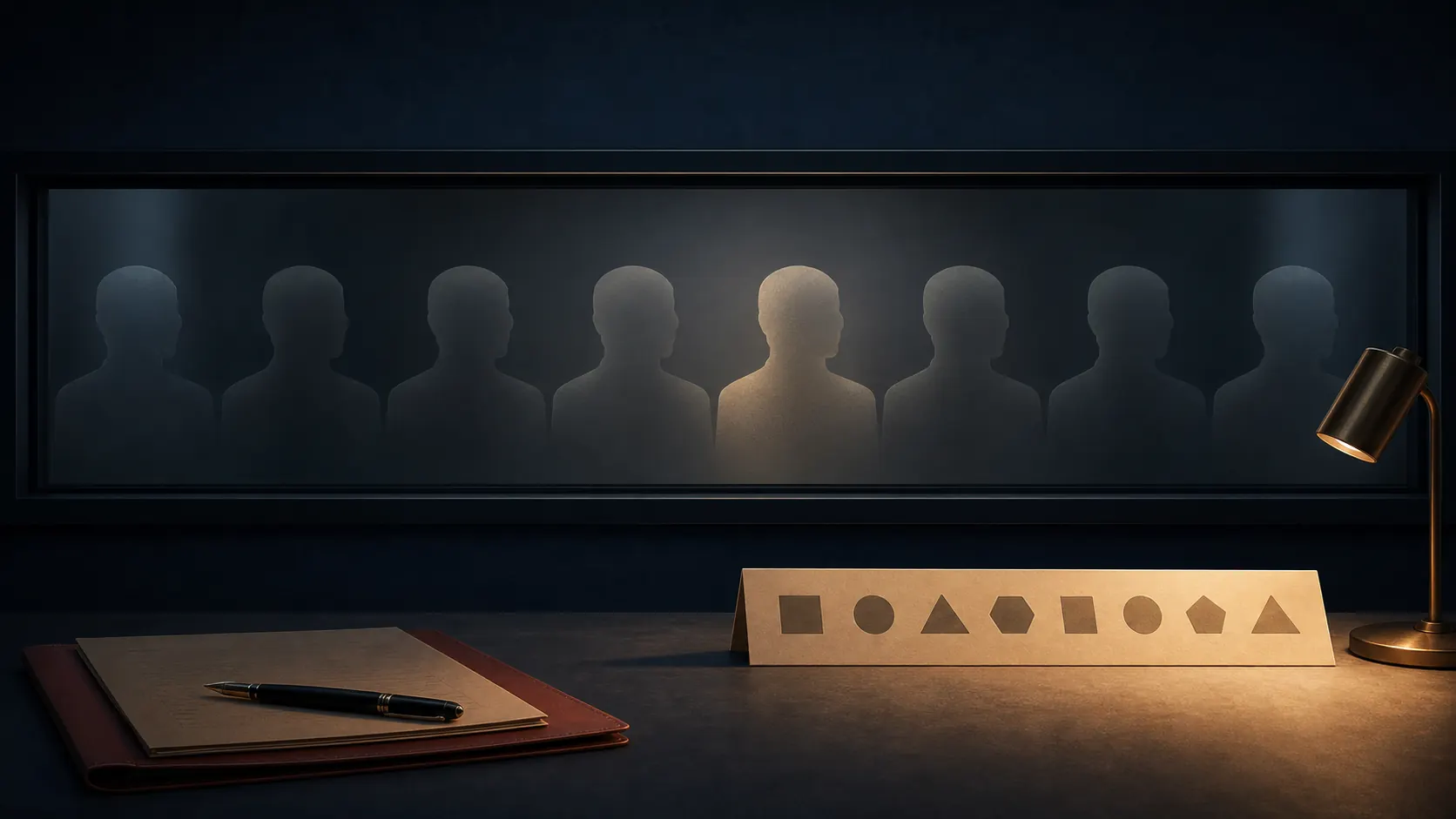 Eight anonymous frosted-glass profiles arranged behind an identification viewing frame