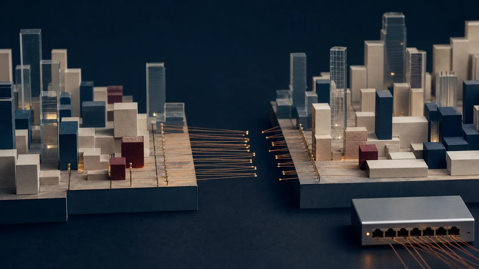 Two modern model cities separated by a precise break in their connecting network