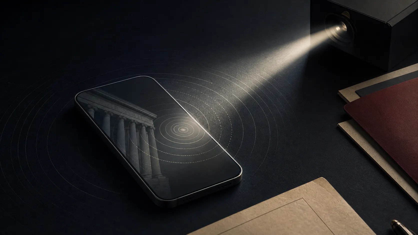 A smartphone under a narrow surveillance beam with courthouse columns reflected in its glass