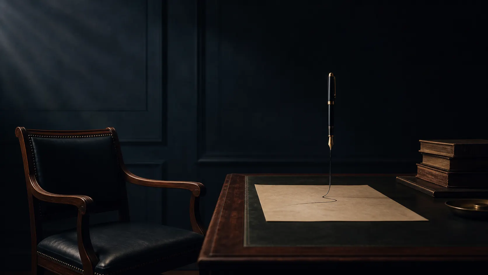 An empty chair facing an unsigned paper as an ink line withdraws into a suspended pen