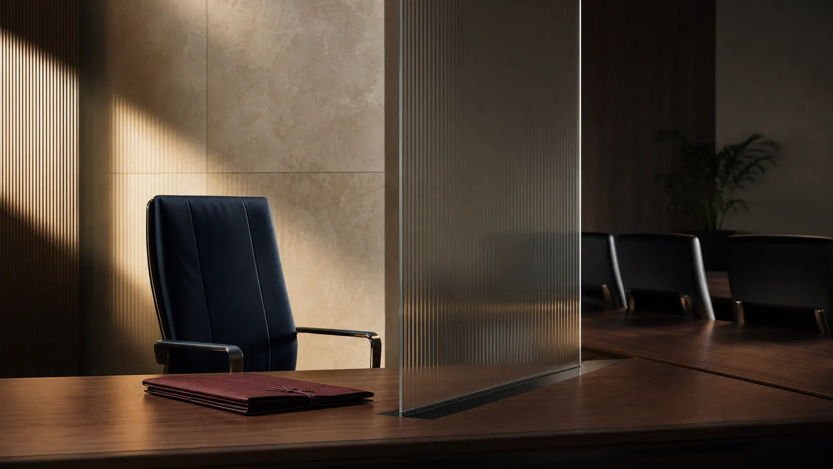 An empty office chair and complaint folder protected by a translucent glass boundary